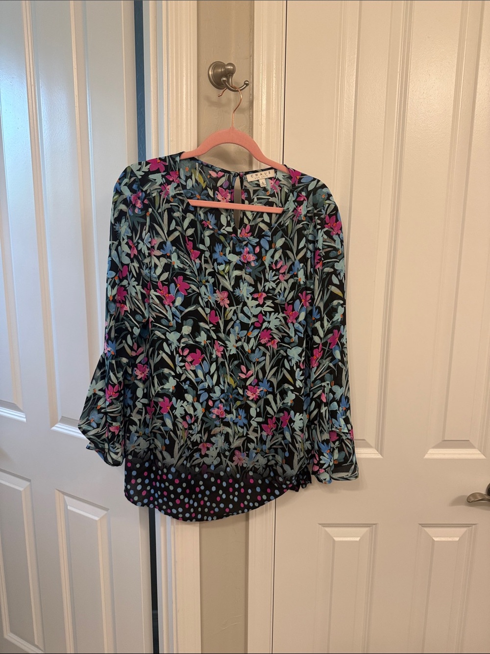 Chaus Black Blouse with Blue & Pink Floral Print